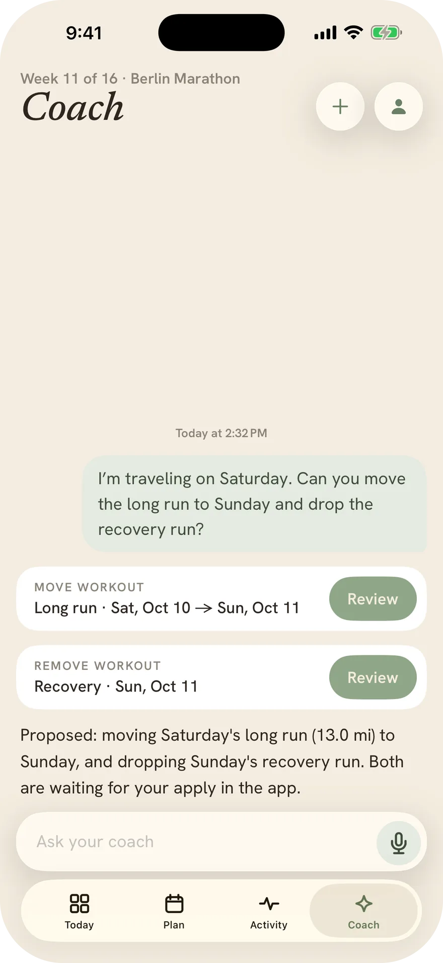The coach answering a travel note with two proposed changes, moving the long run to Sunday and dropping the recovery run, each waiting for your review.