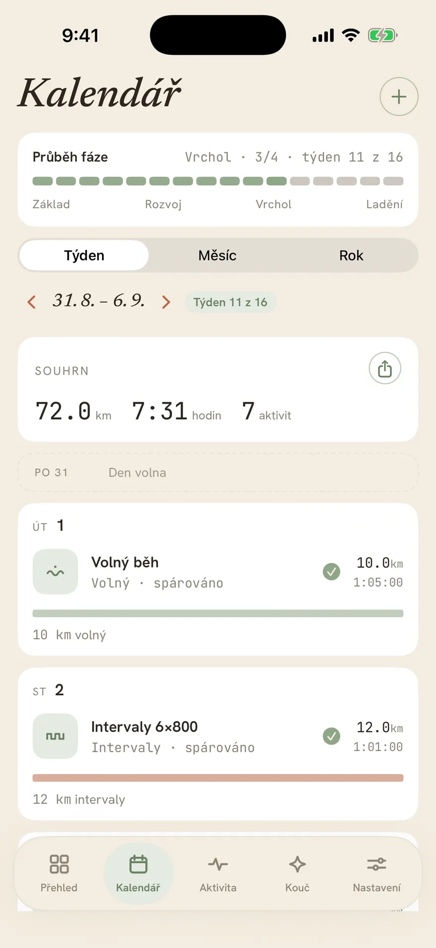 Týdenní kalendář ve Stopě s pruhem postupu fází a tréninkem každého dne.