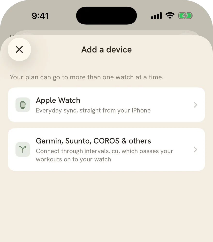 Adding a device in Stopa: Apple Watch straight from the iPhone, or Garmin, Suunto, COROS and others through intervals.icu.