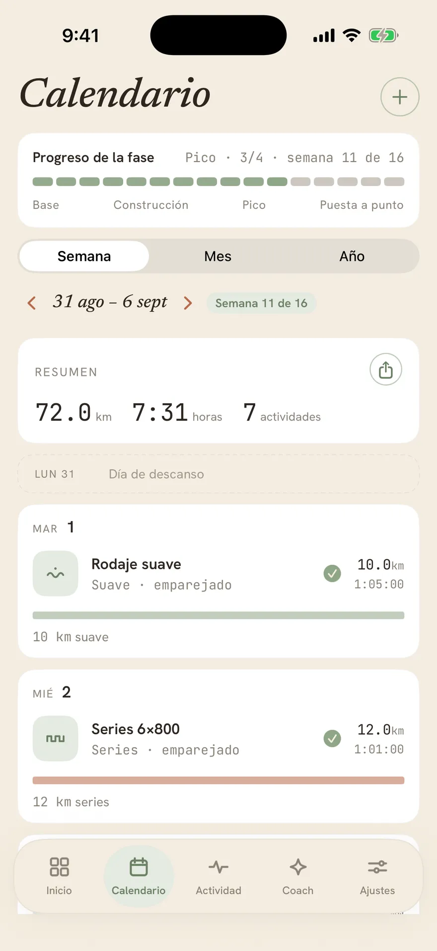 El calendario semanal de Stopa con la barra de progreso de fases y la sesión de cada día.