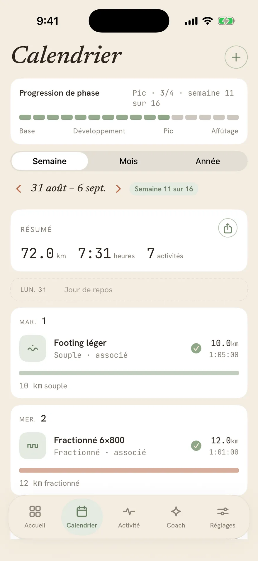 Le calendrier hebdomadaire de Stopa avec la barre de progression des phases et la séance de chaque jour.