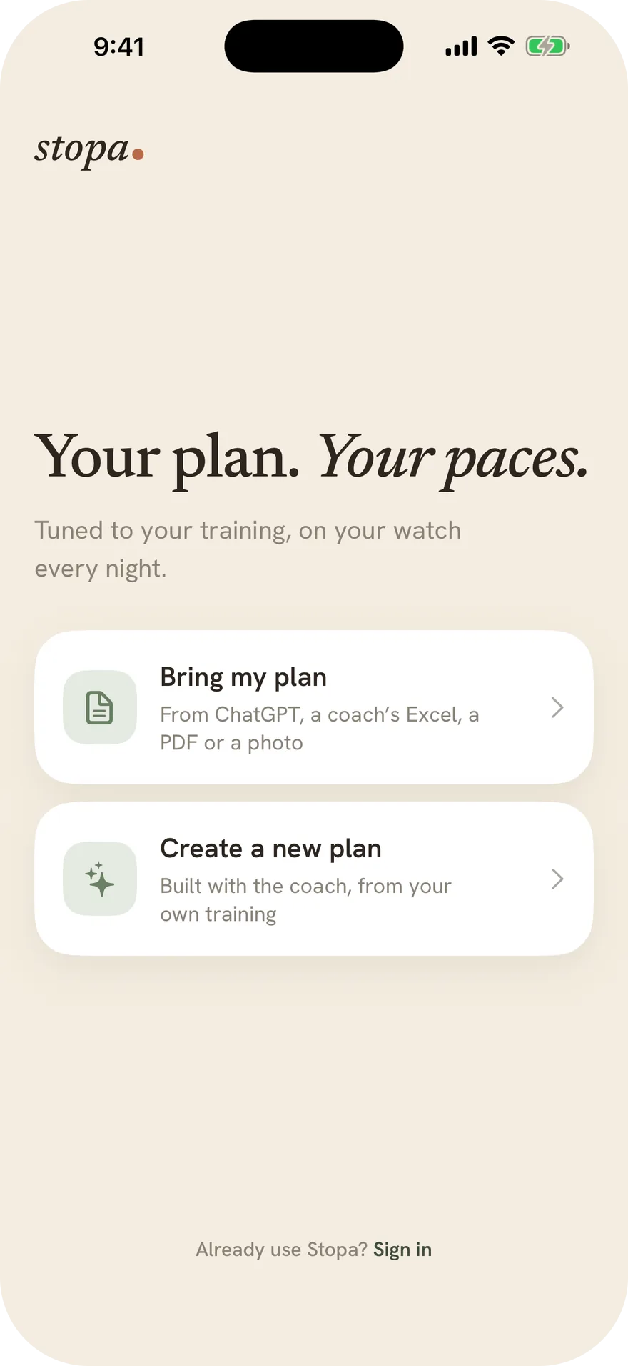 Stopa’s first screen: bring your plan from ChatGPT, a coach’s Excel, a PDF or a photo, or create a new one with the coach.