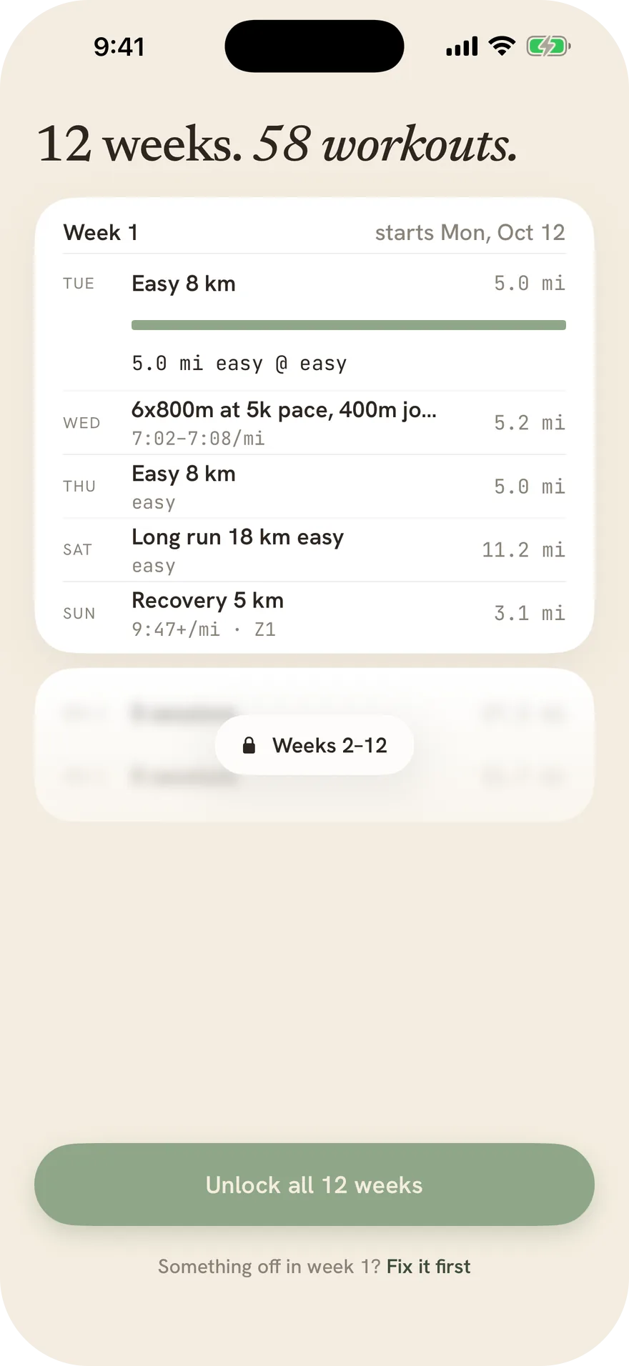 A pasted plan, read: 12 weeks and 58 workouts, with week 1 in full before you subscribe.