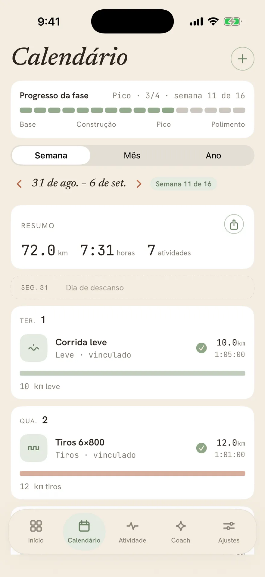 O calendário semanal do Stopa com a barra de progresso das fases e o treino de cada dia.
