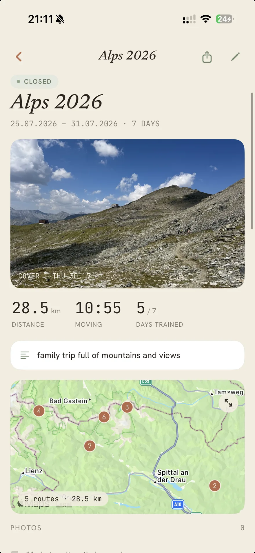 A Stopa story from a trip to the Alps: cover photo, totals and the routes.