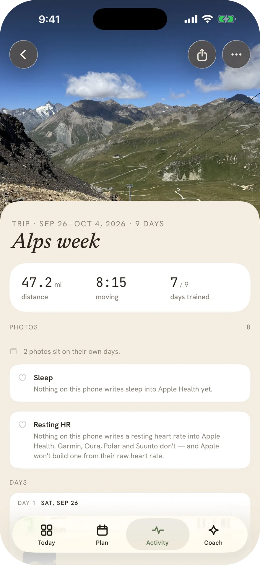 A Stopa trip story: a week in the Alps under its cover photo, with distance, moving time and days trained.
