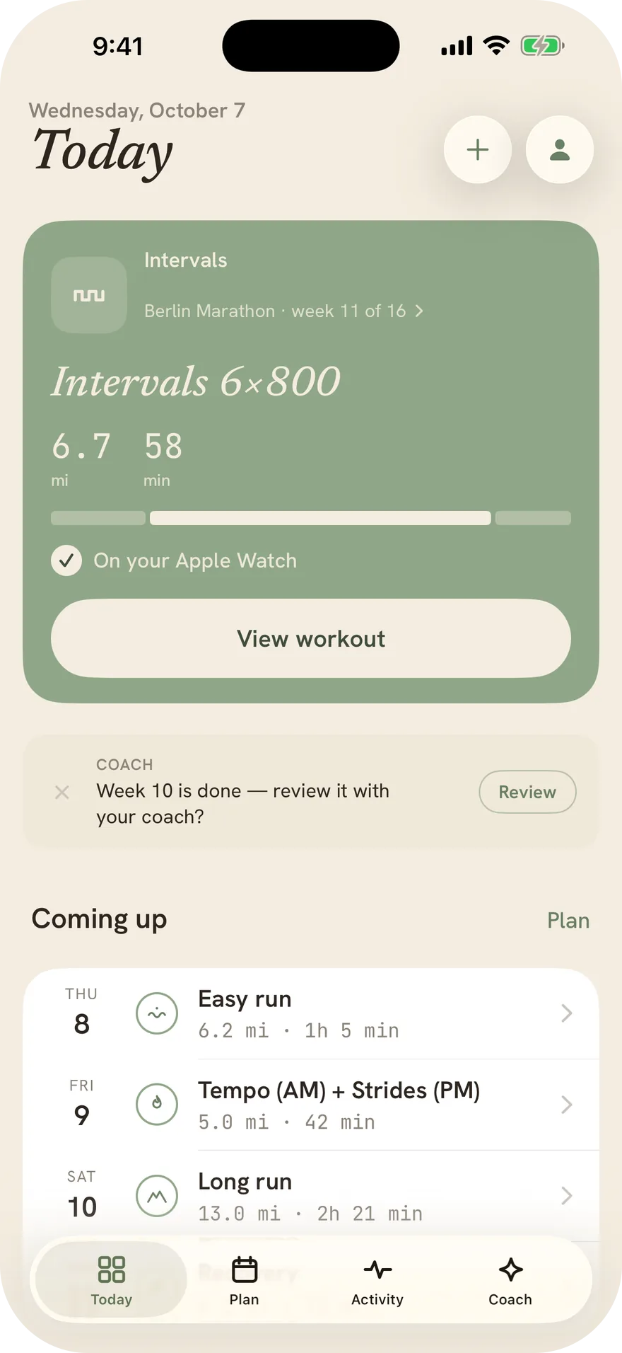Stopa’s Today screen: today’s intervals already on the Apple Watch, a nudge to review last week with the coach, and the next few days.