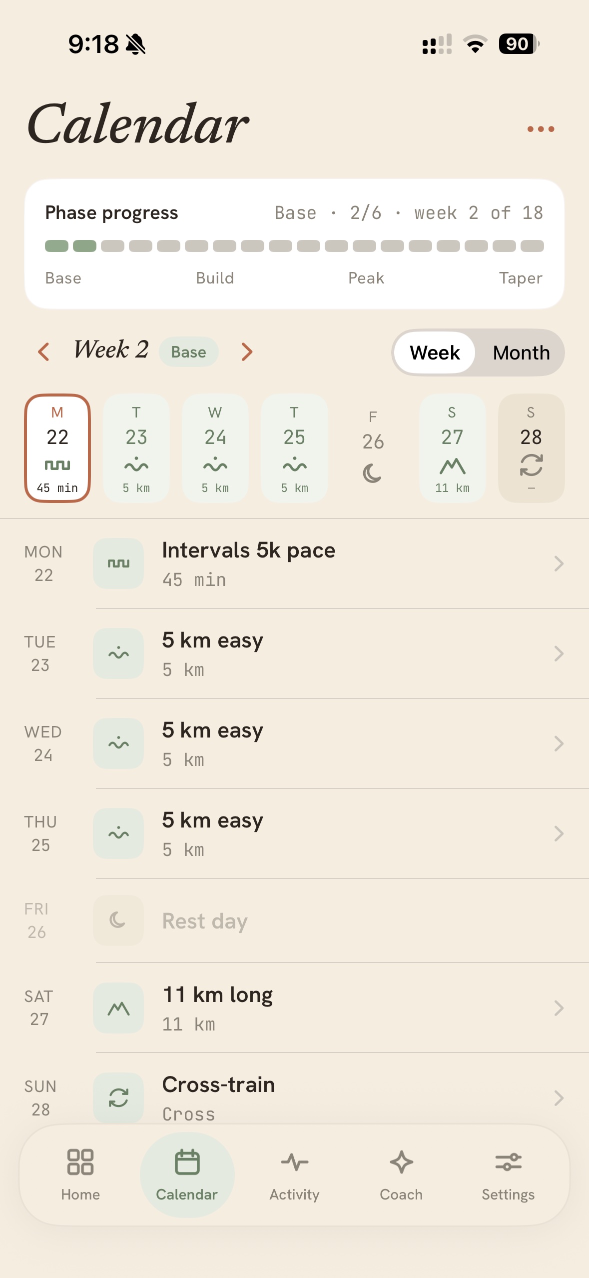Stopa’s weekly calendar with the phase-progress rail and each day’s session.