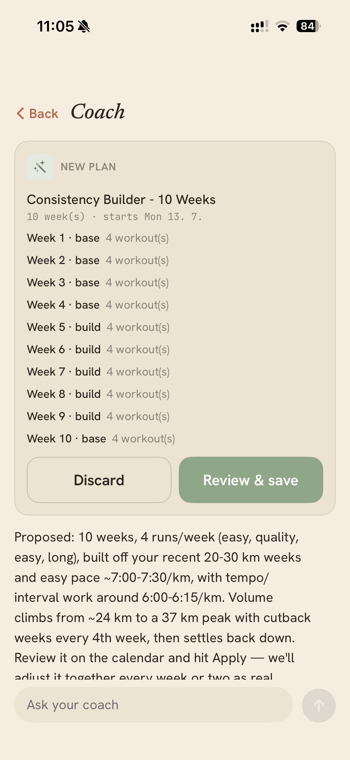 The coach proposing a ten-week plan: weekly phases listed, with Discard and Review & save.