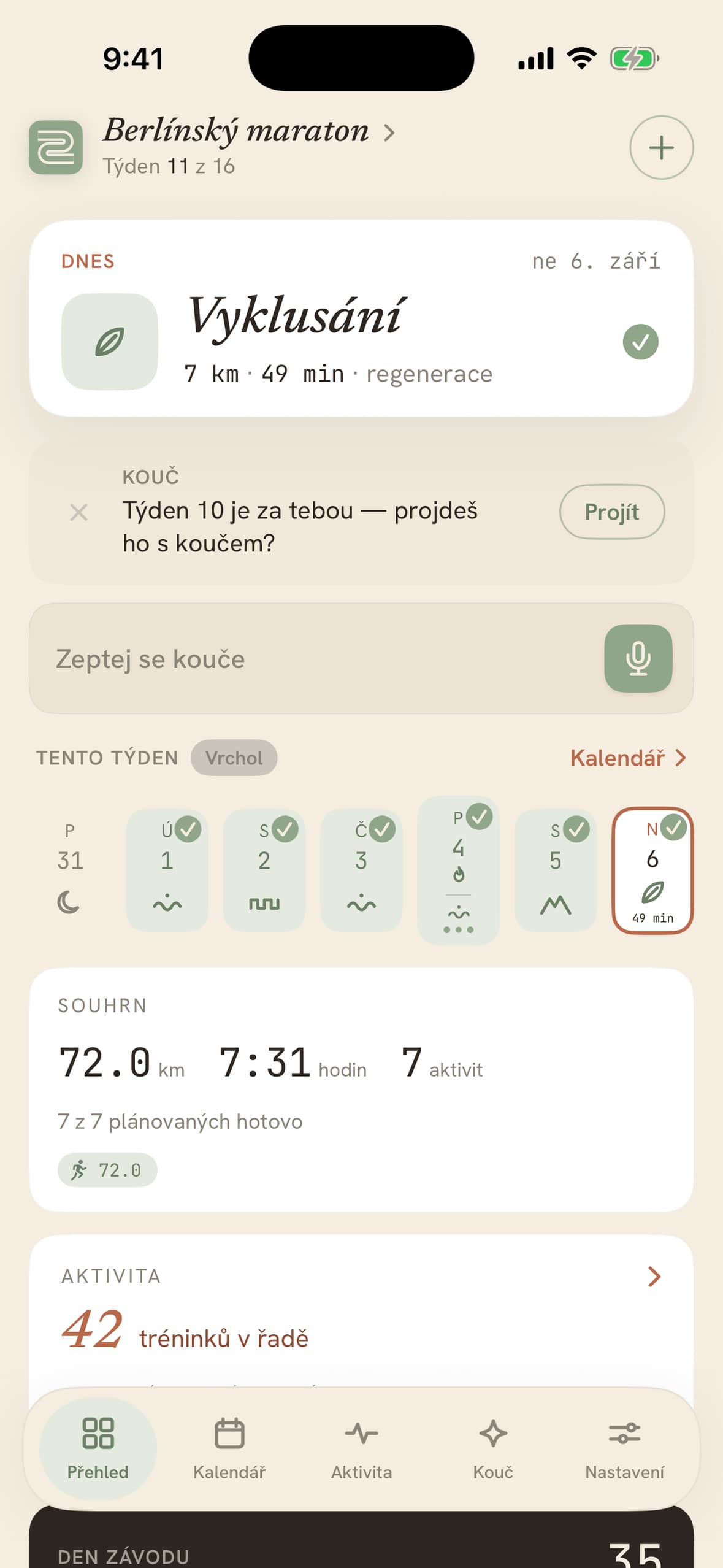 Přehled ve Stopě: dnešní tempový běh, týden na jeden pohled, série 14 tréninků a odpočet do Berlínského maratonu.