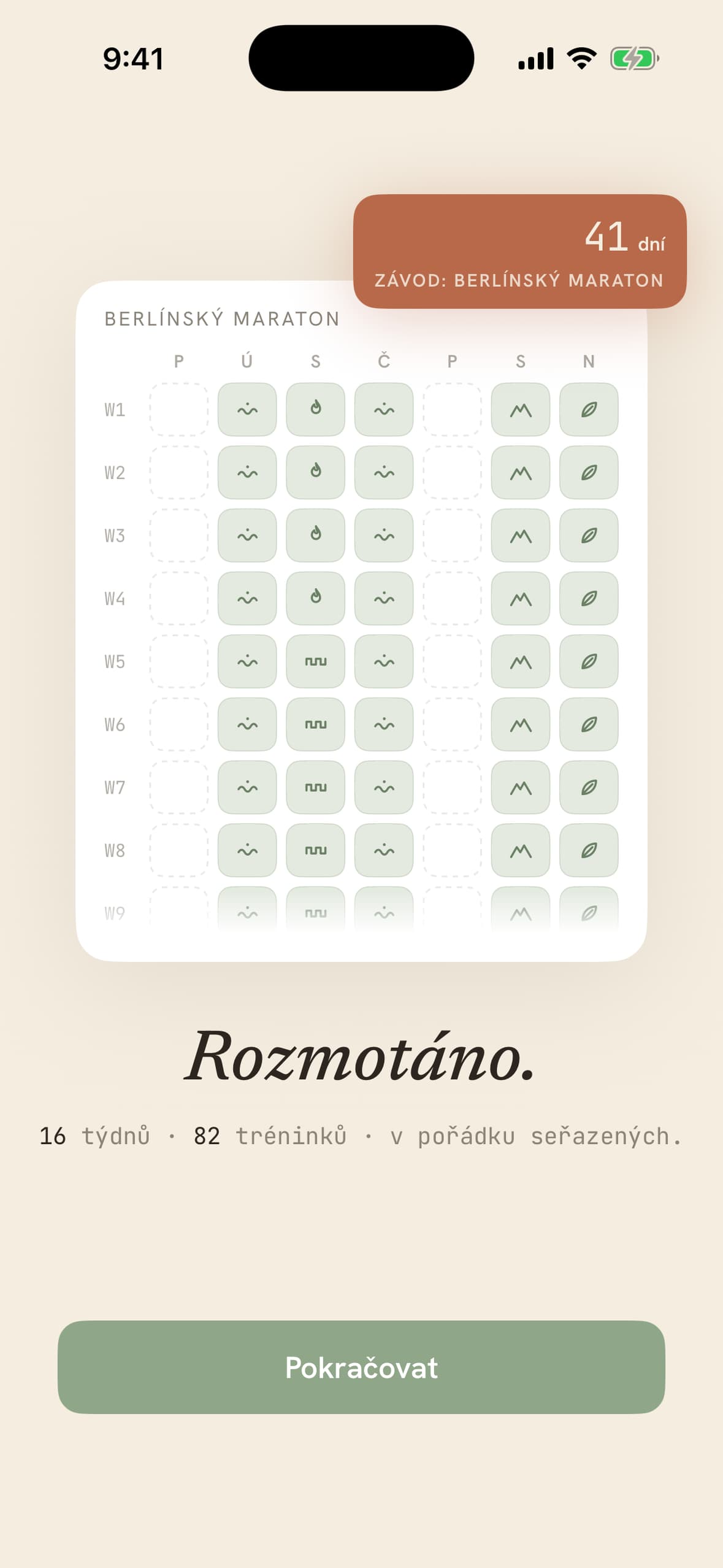 Přečtený plán, rozmotaný: 18 týdnů, 88 tréninků v pořadí, s odpočtem do Berlínského maratonu.