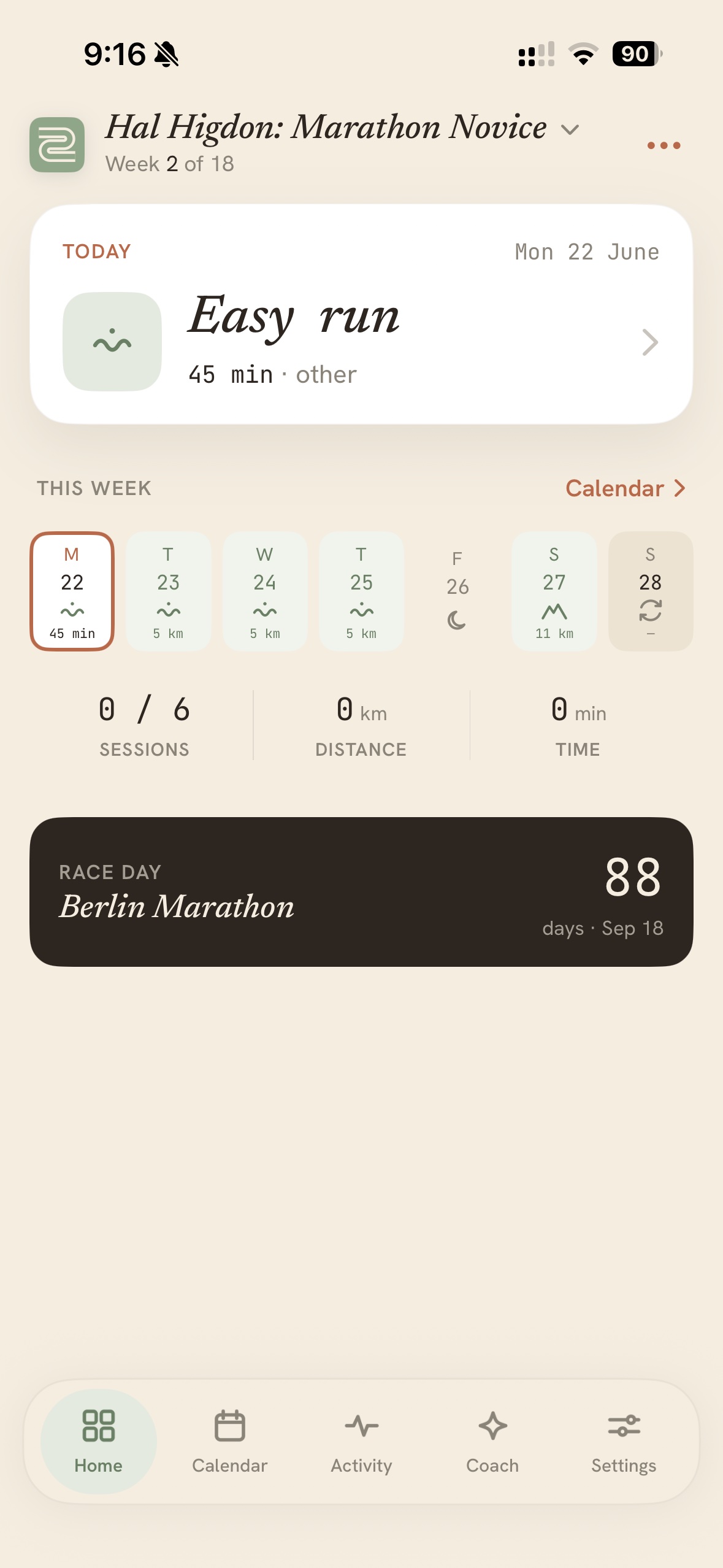 The Stopa dashboard: today’s easy run, your week so far, session stats and the countdown to race day.