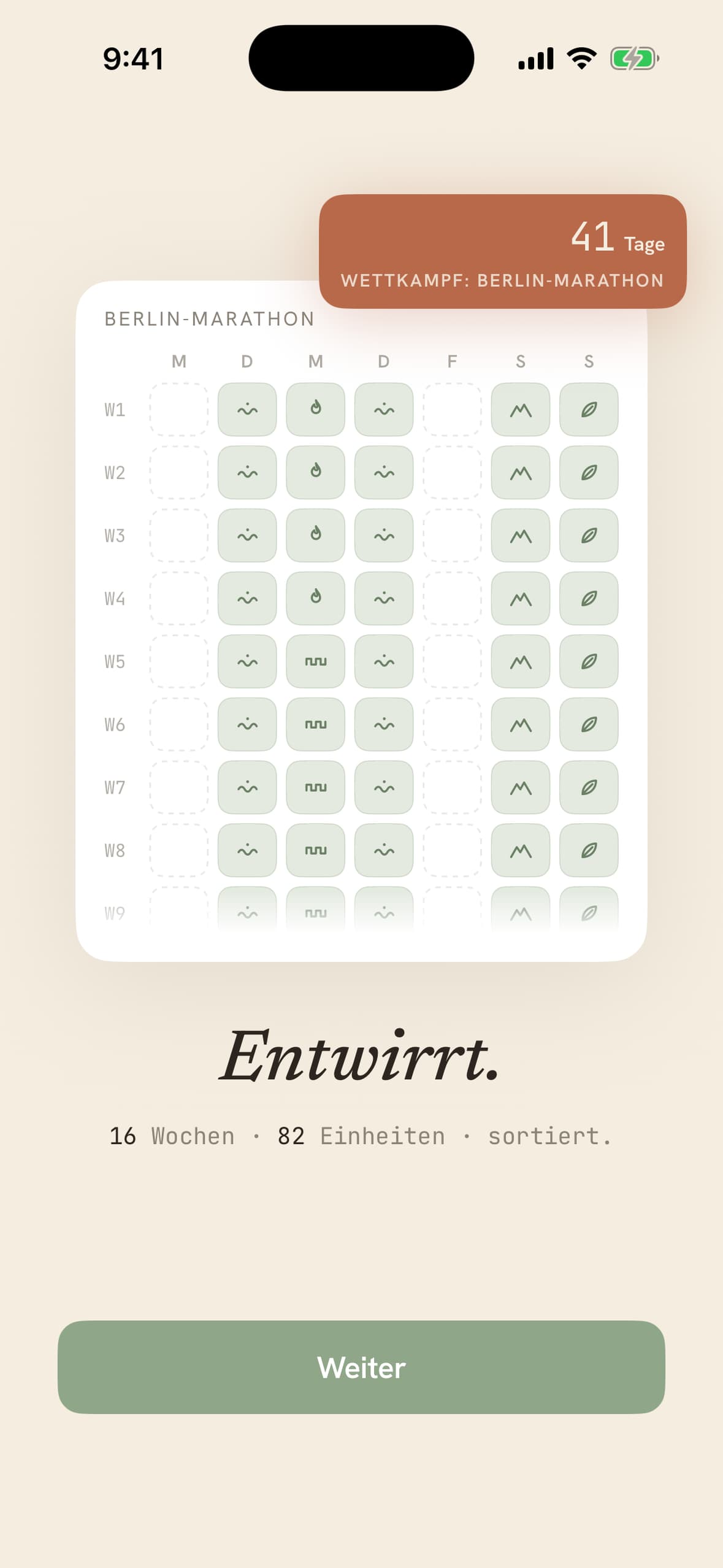 Ein eingelesener Plan, entwirrt: 18 Wochen, 88 Einheiten der Reihe nach, mit dem Countdown zum Berlin-Marathon.