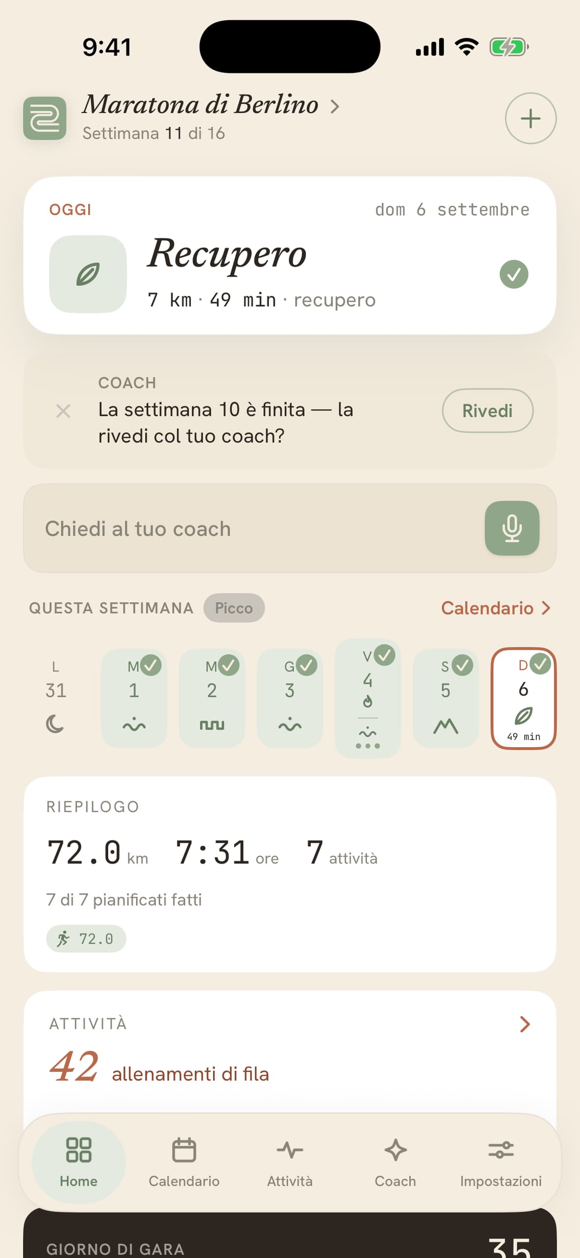 La dashboard di Stopa: il tempo di oggi, la settimana a colpo d’occhio, una serie di 14 sedute e il conto alla rovescia per la maratona di Berlino.