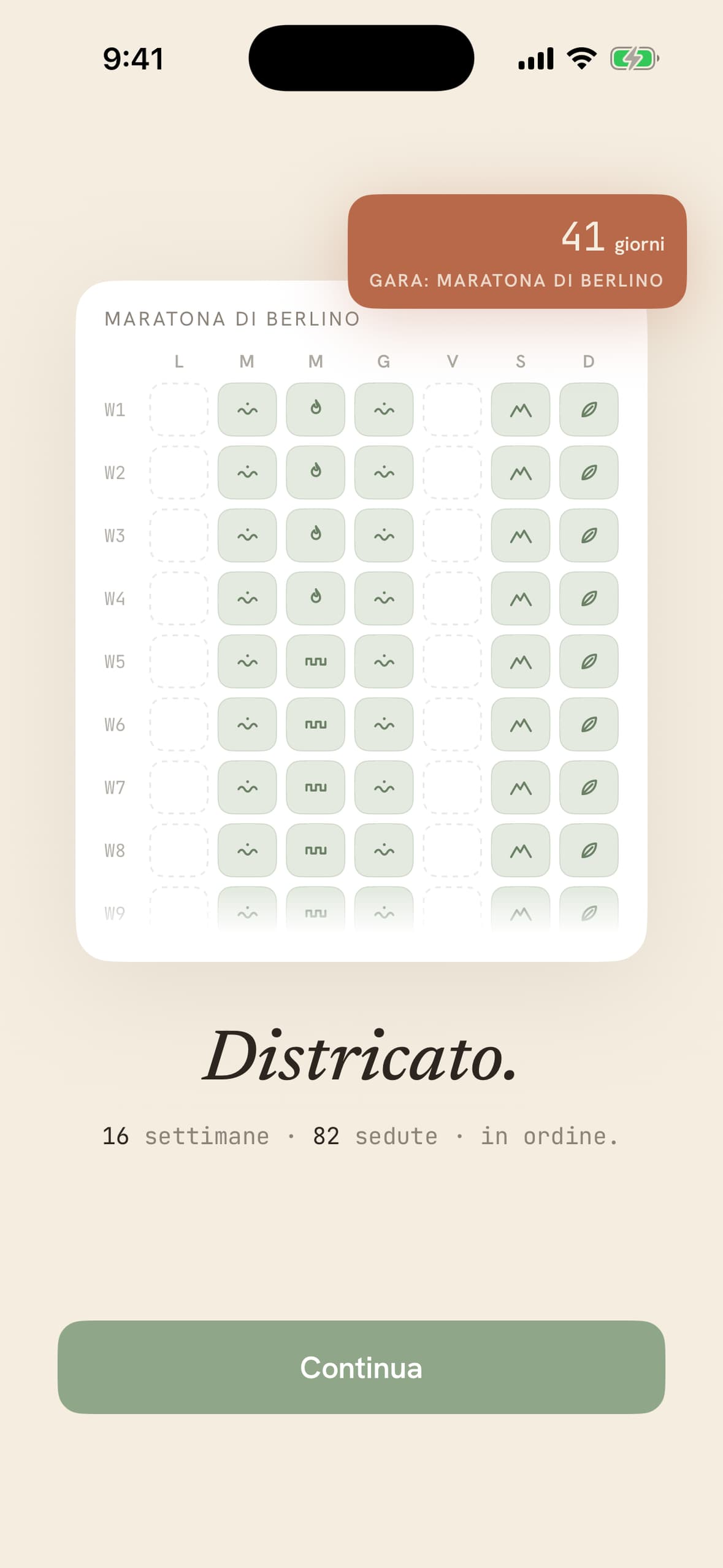 Un piano letto e districato: 18 settimane, 88 sedute in ordine, con il conto alla rovescia per la maratona di Berlino.