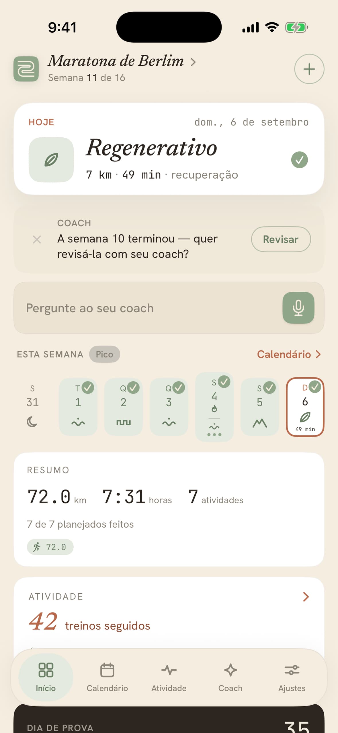 O painel do Stopa: o tempo de hoje, a semana num relance, uma sequência de 14 treinos e a contagem regressiva para a Maratona de Berlim.