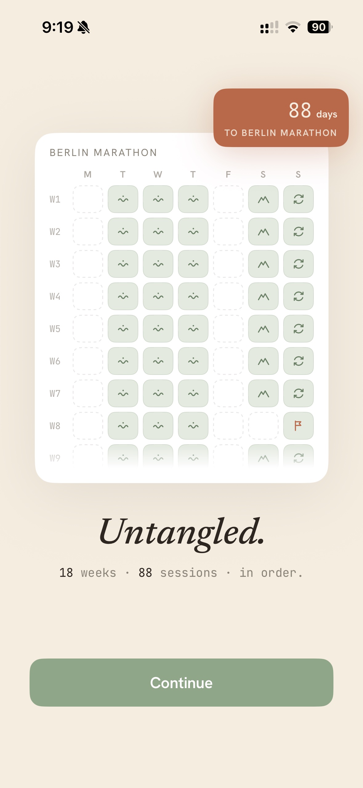 A parsed plan, untangled: 18 weeks, 88 sessions in order, with a countdown to the Berlin Marathon.
